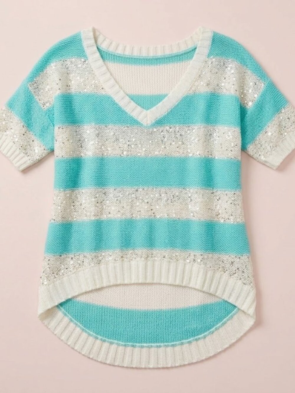 NWT Charlotte Russe Vintage Teal Striped Sequin V-Neck Knit Top